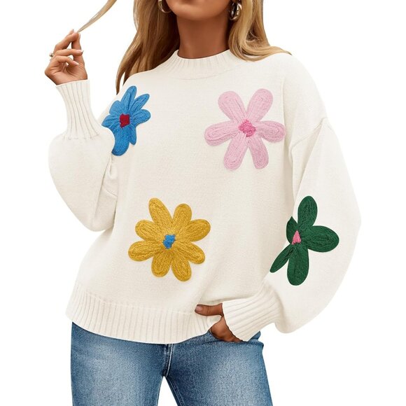 Women's Fall Long Puff Sleeve Crewneck Ribbed Knit Flower Loose Pullover Sweater - Picture 1 of 8
